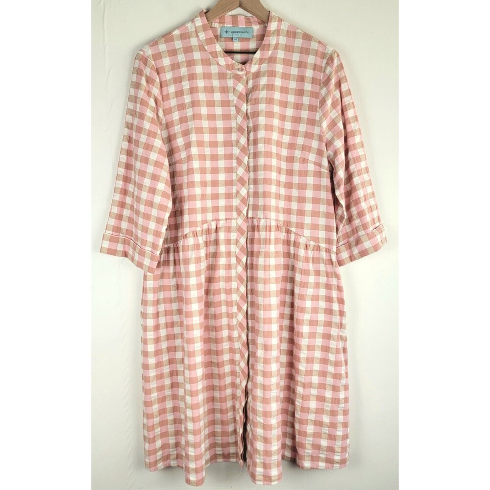 Tuckernuck Womens Size XL Pink Tan Gingham Royal Cotton Shirt Dress EUC
